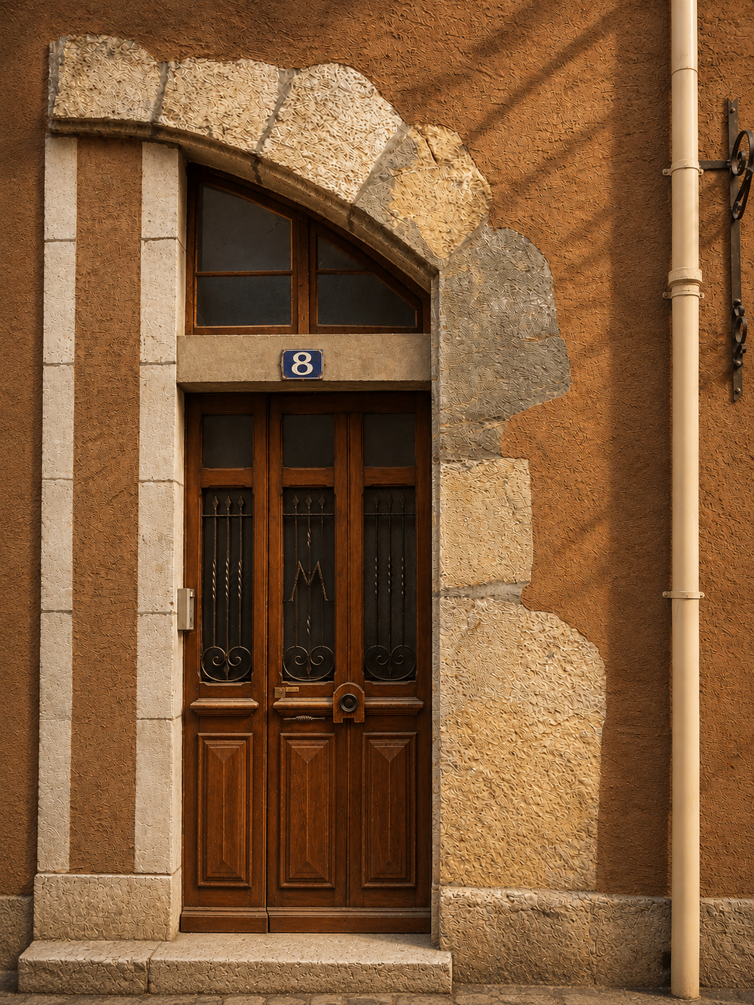 The weathered wooden entrance door of the Annecy residence, marked with the number 8, framed by stone arch and ochre façade