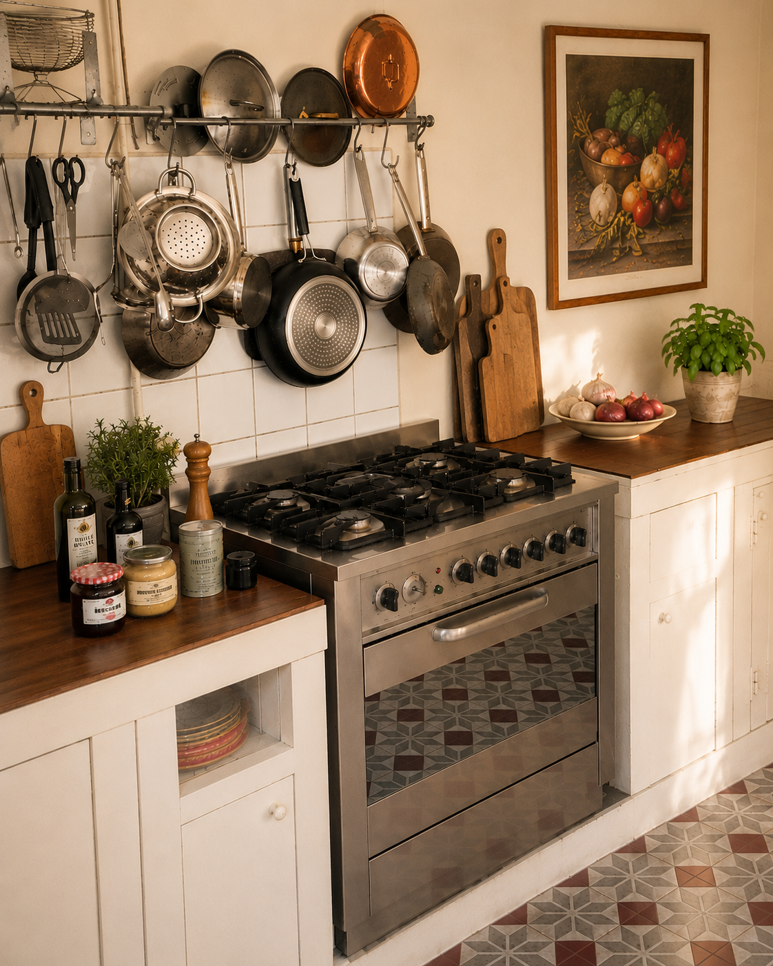 The kitchen of the Annecy residence with hanging copper pans, gas range and patterned tile floor