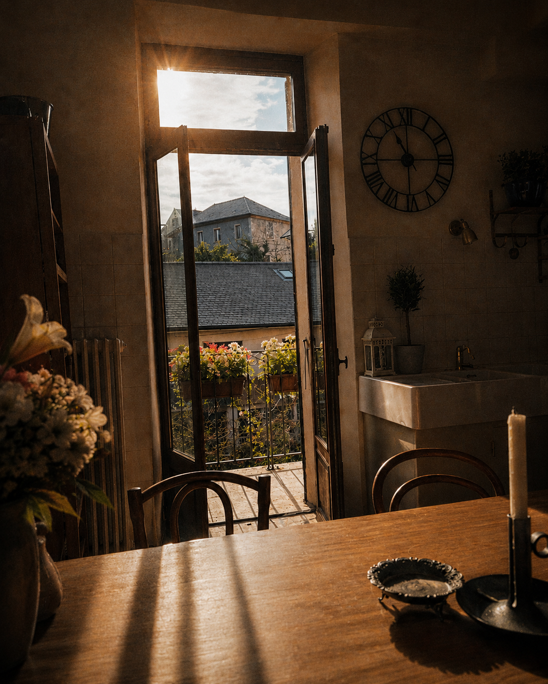 Warm late afternoon light through the open French kitchen doors of the Annecy residence, overlooking rooftops