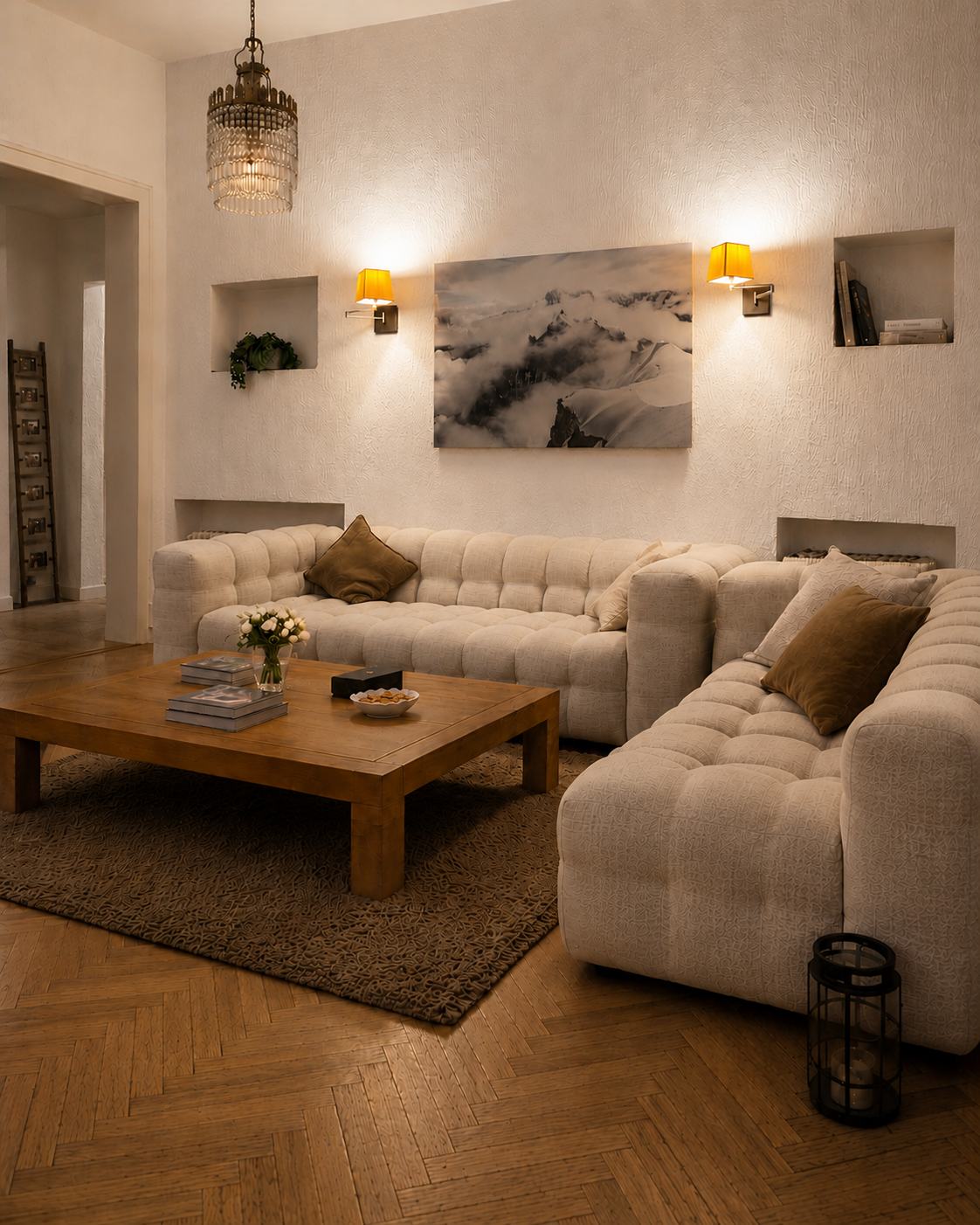 Interior of the residence with morning light, oak parquet, linen curtains and fresh peonies